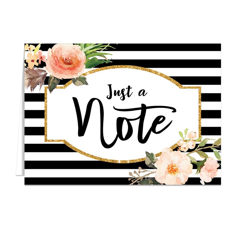 Canopy Street Black Stripe Floral And Faux Glitter Note Cards / 24 Just A Note Cards/All Occasion Greeting Cards / 3 1/2" x 4 7/8" Floral Cards - Image 1